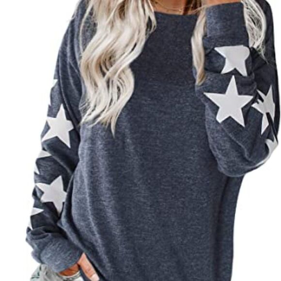 Womens Knit Pullover Sweater Star Print Lightweight Cute Long Sleeves Top - Picture 2 of 6